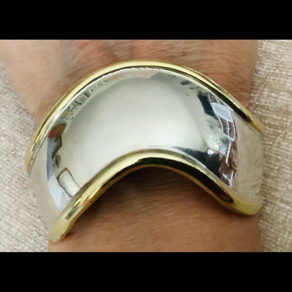 Sterling silver Mexican brass trim cuff bracelet - Picture 3 of 10